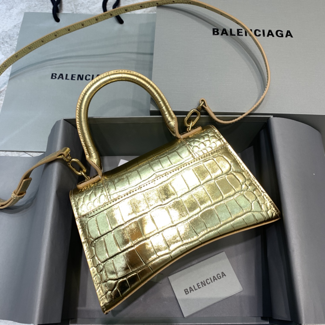 Balenciaga Hourglass Small Handbag Crocodile Embossed Shoulder Bag Gold